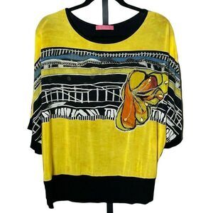 Anathea by Parakian Black Yellow Blouse Top US 10 Art to Wear Slinky Italy